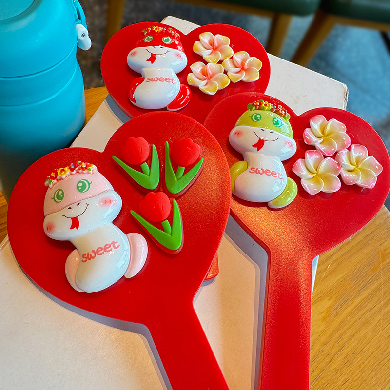 Cartoon red cute handheld glass plastic mirror for students