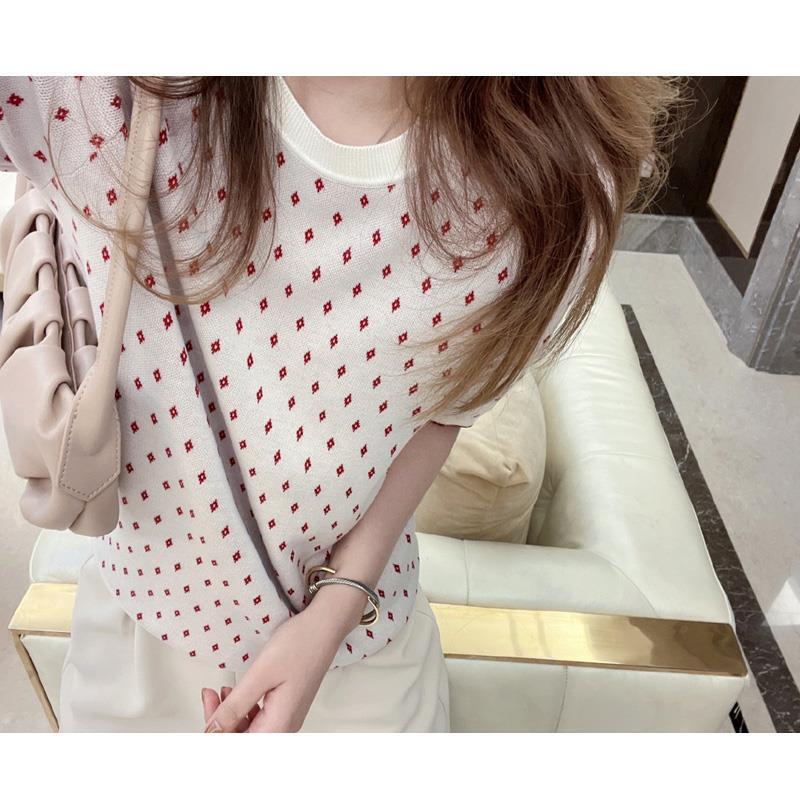 Hanyuan Apparel/Pop Art Diamond Dot Ultra-Fine Double-Sided Knitted Sweater Top for Spring and Summer