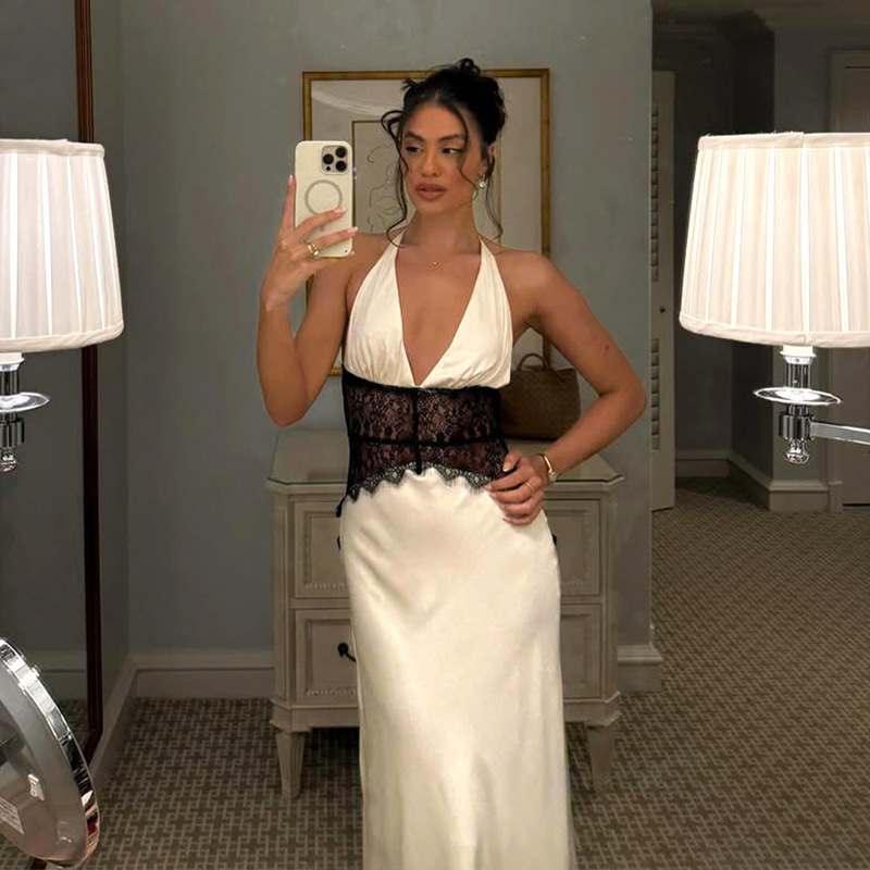 Cross-Border European and American Style 2025 New Summer Women's Deep V Lace-Up Backless Lace See-Through Sexy Slim Dress