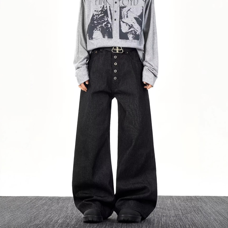 Button-Front Curved Hem Jeans for Men, Spring and Autumn, American High Street Style, Loose Fit, Versatile, High-End Feel, Wide-Leg Straight Pants