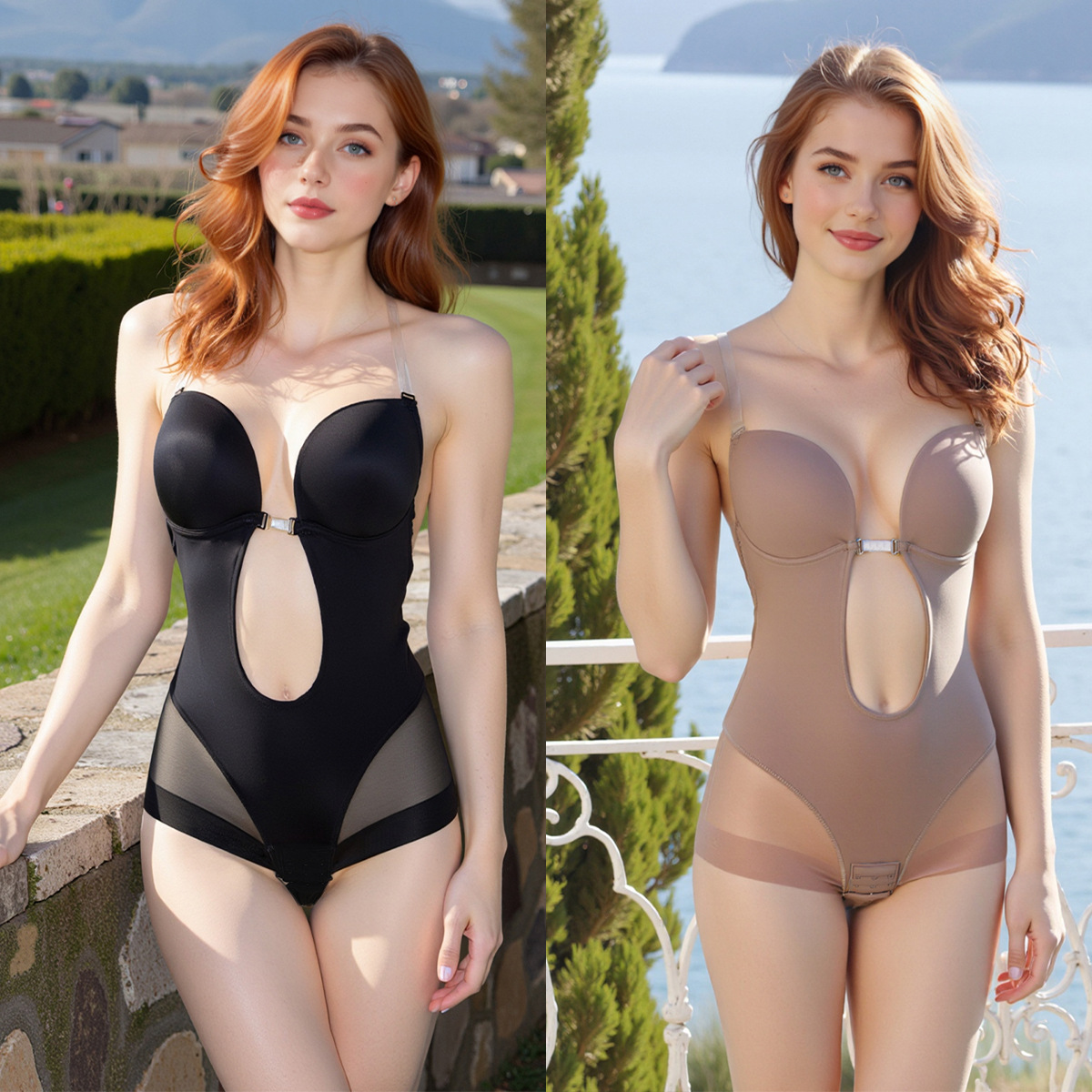 Sexy Body Shaping Bodysuit Transparent Shoulder Strap Cut Out Backless Design Sexy Fun Black Skin Bodysuit 8810