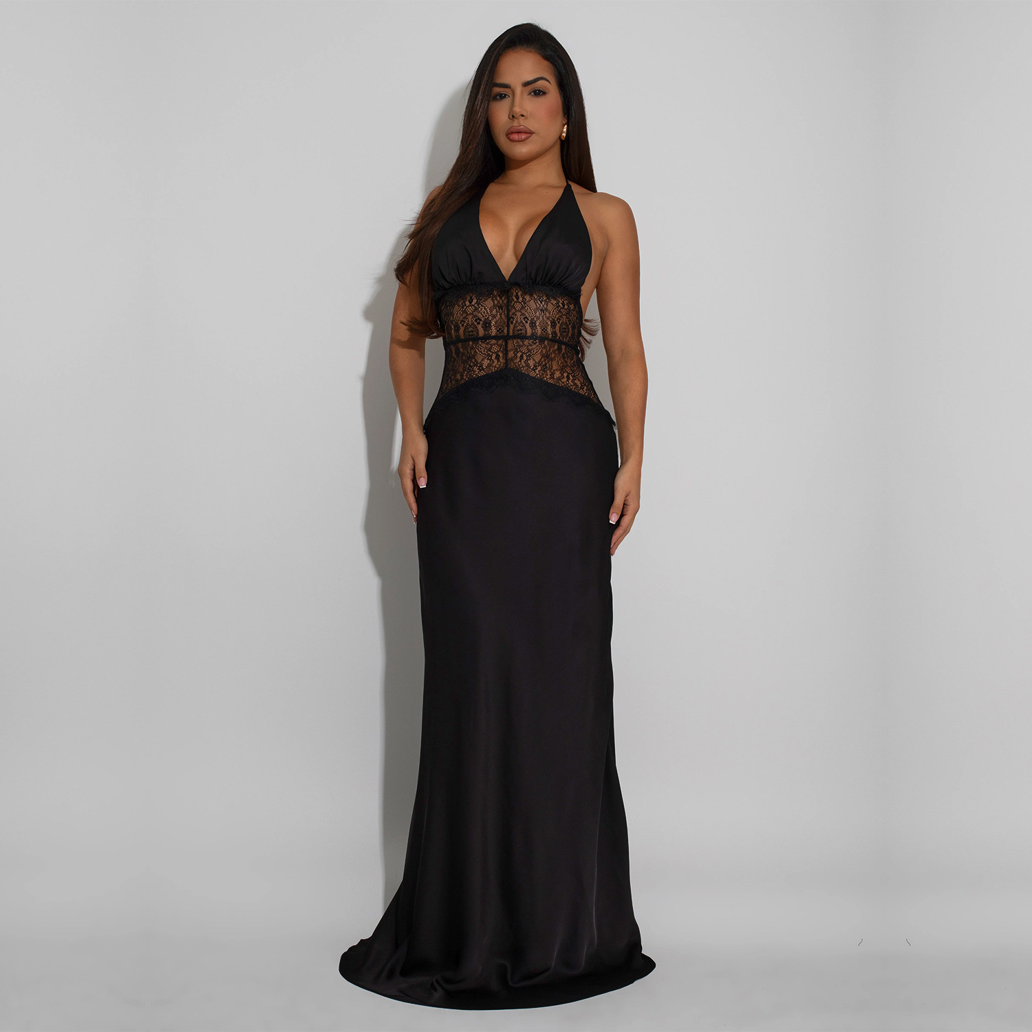 C7546 Aliexpress transfronterizo Amazon Europa y América ropa de moda de mujer sexy encaje de cuello en v vestido de espalda descubierta mujer
