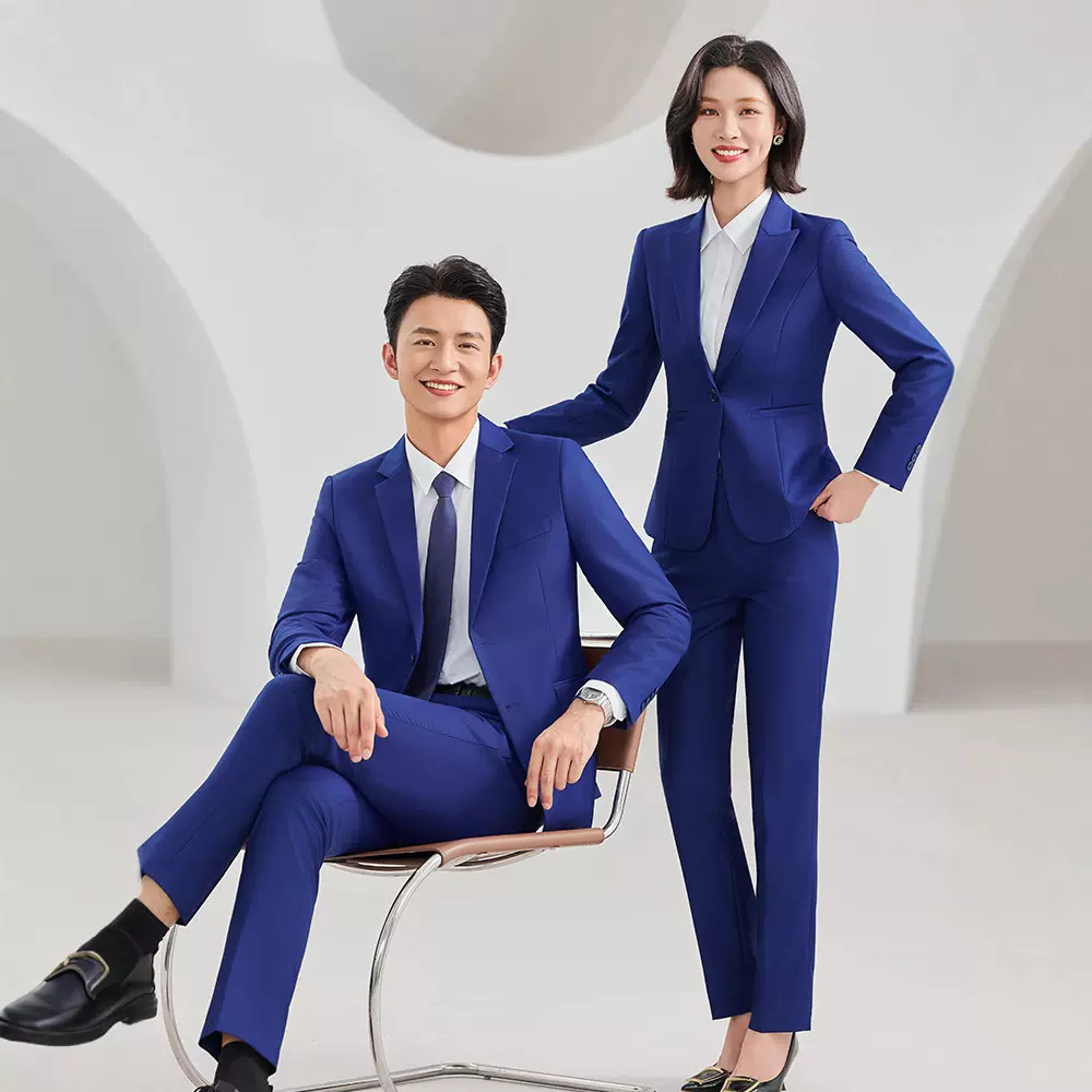 宝蓝色长袖西装套装男女4S店同款工作服新款高级感正装教师职业装