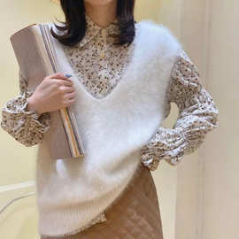 冬季新款仿水貂绒V领时尚背心针织马甲百搭女软暖外穿内搭马甲女