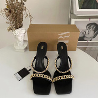 New Product Square Head Metal Chain Straight Strap High Heel Bare Toe Back Air Thin Heel Fashion Sandals for Women