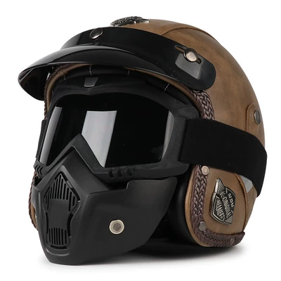 Motosiklet dəbilqələri – Retro Cruise Motorcycle Helmet for - m-brown-mask-goggles-you-can-leave-a-message-to-change-to-transparent-goggles-comes-with-hat-brim-face-towel