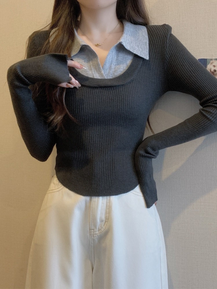 플러스 사이즈 가짜 2 피스 니트베이스 셔츠 여성의 가을과 겨울 슬림-세련된 짧은 폴로 칼라 탑 통통녀