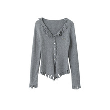 【现货福利款】设计感流苏坑条v领毛衣女簿外套开叉针织开衫1057