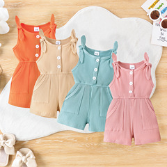 2024 Women's and Girls' Summer Strap Bodysuit with Bowknot, Manufacturer of Pure Color Casual Romper for Baby