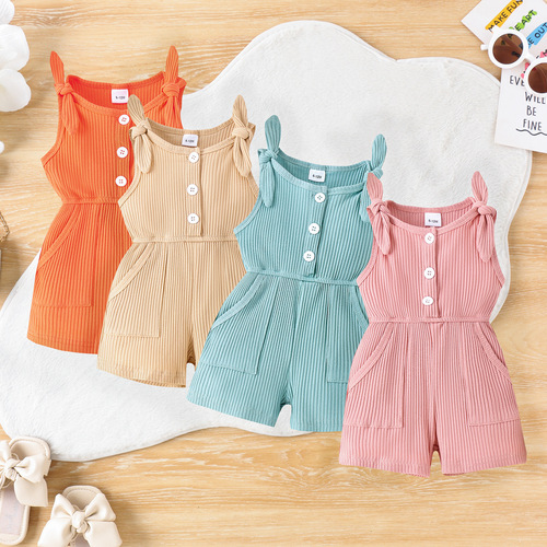 2024 Women's and Girls' Summer Strap Bodysuit with Bowknot, Manufacturer of Pure Color Casual Romper for Baby