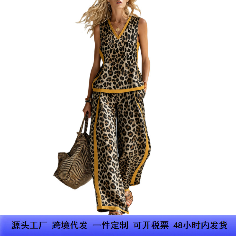 Cross-Border Amazon Ozon Sleeveless V-Neck Long Pants Set with Leopard Print Digital Print European and American Women's Clothing Available for Dropshipping