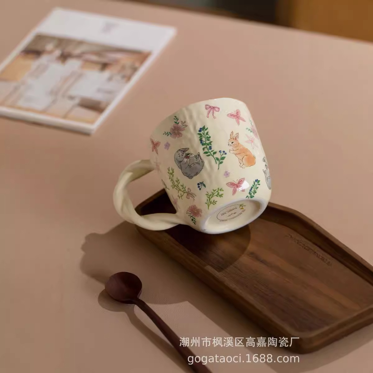 Tejido de madera taza de cerámica doméstica de oficina creativa manipulación de dibujos animados taza de agua taza de café de leche