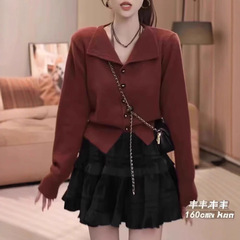 针织毛衣女秋冬韩系设计感翻领安哥拉红新款法式纯色显瘦开衫女