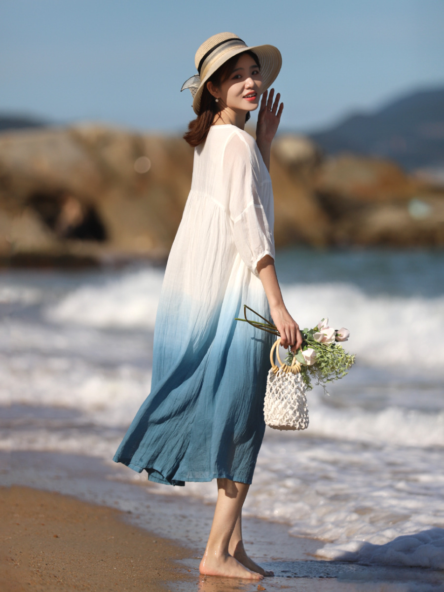 2024 Summer Loose Plus-Size Robe, Chinese Style Gradient Lightweight Ramie Zen Tea Dress, Double-Layered Large Hem Skirt_ecoleips.com