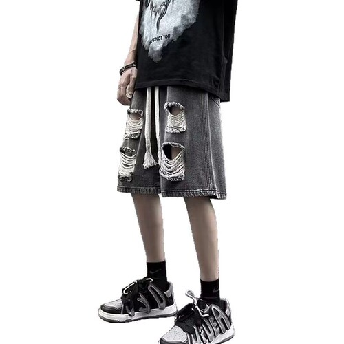 Men's Summer Thin Hole Five-Piece Denim Shorts, Japanese Style, Elastic Waist, Loose, Retro Streetwear Brand Casual Straight Leg Pants