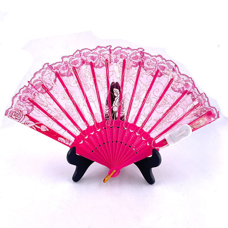 #593-4 7寸-6V双功能-玫瑰蕾丝扇玫红色粉色
