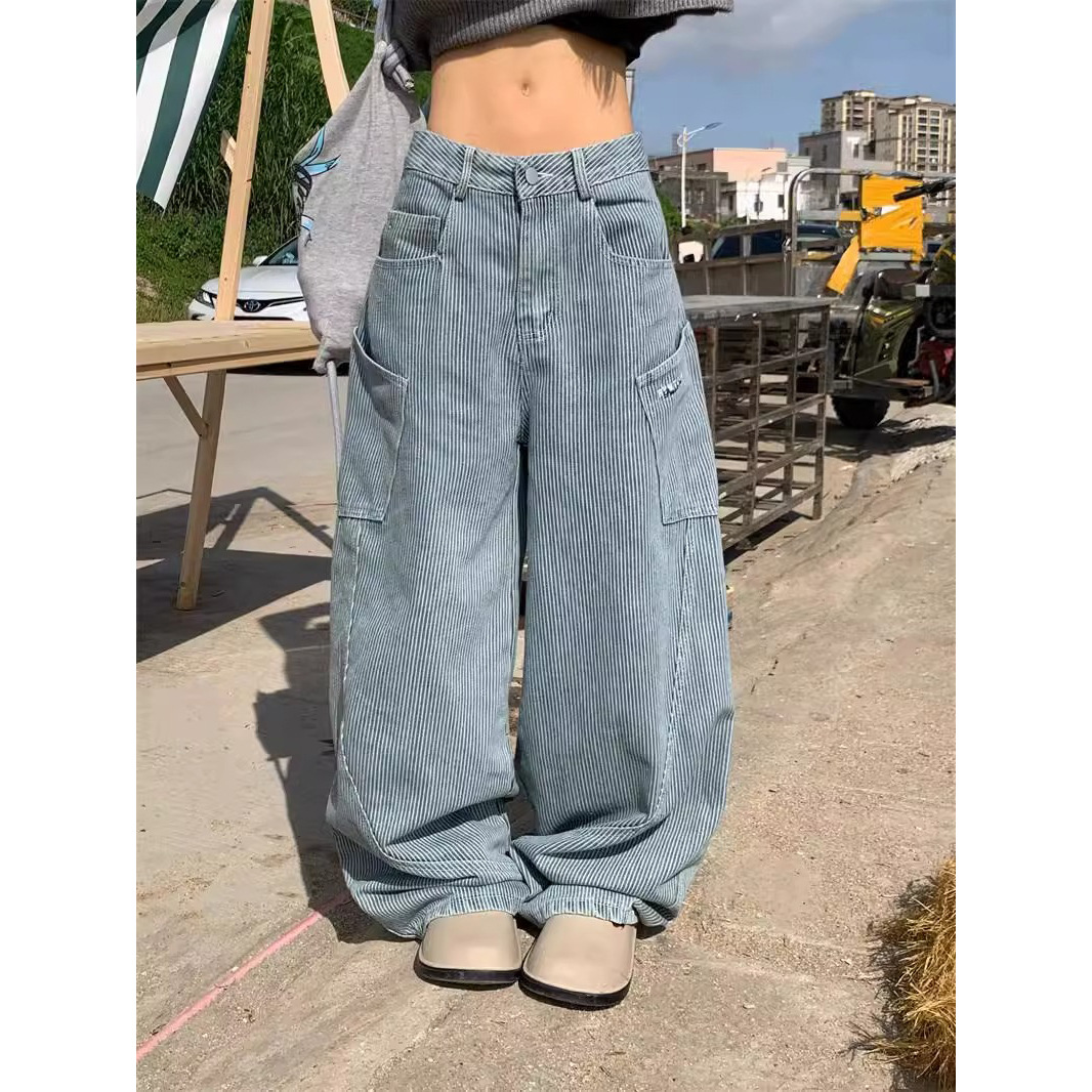 Retro hot girl design sense big pocket striped scimitar jeans for women in spring and autumn new loose wide-leg floor trousers