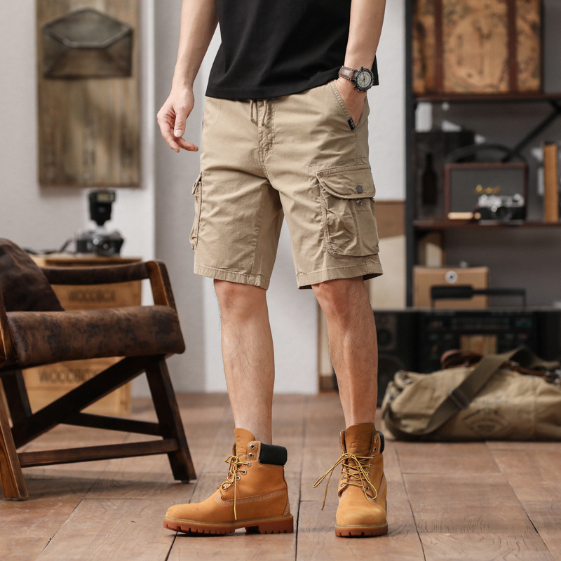 Men's Casual Summer American-Style Pure Cotton Trendy Cargo Shorts, Five-Point Shorts with Multiple Pockets, Thin Breathable Straight-Leg Shorts for Men