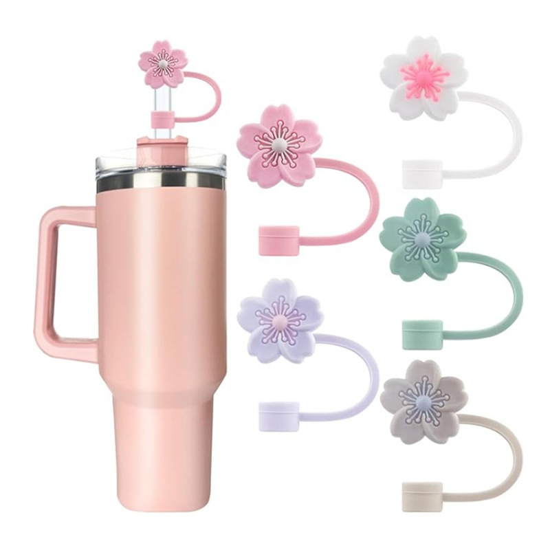 Amazon Funda de pajita de silicona explosiva Funda de pajita de silicona Sakura Funda de pajita de 10mm Cubierta de pajita Cubierta de polvo Begonia Flower