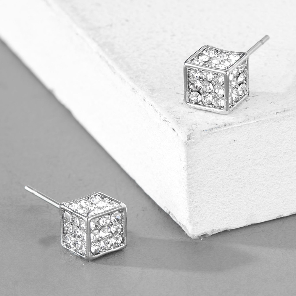 Diamond electroplated geometric three-dimensional square earrings, small fashionable design, personalized and trendy_voghion.com