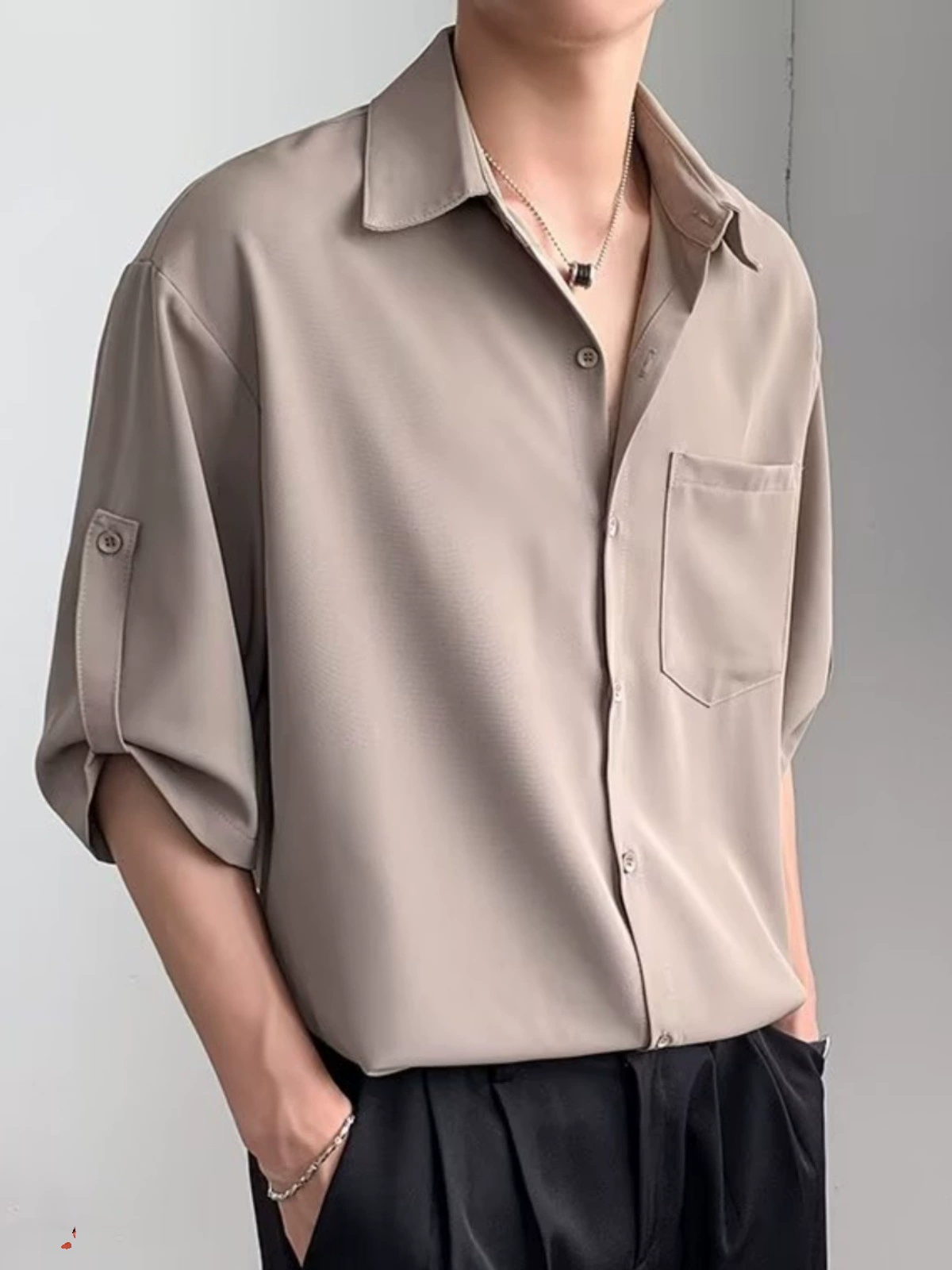 Шелковая oversize-рубашка, тонкая дышащая ткань, сексуальная свободная посадка (//хаки), размер M–3XL