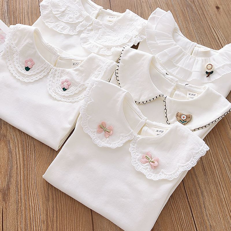 Girls' Lace Collar Base Shirt, Spring and Autumn Outfit, Children's White Pullover Long-Sleeve T-Shirt, Baby Shirt Top