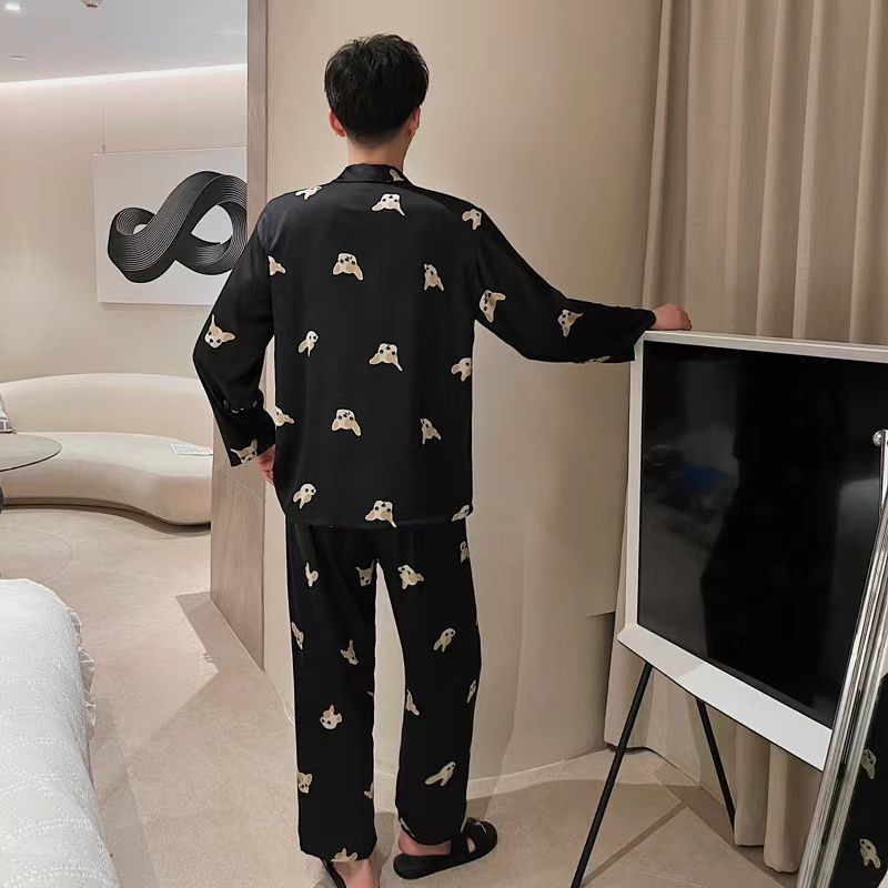 Pajamas de pareja primavera y otoño de mujeres de manga larga seda delgada japonesa inns perrito hombre imitación de seda ropa para el hogar verano