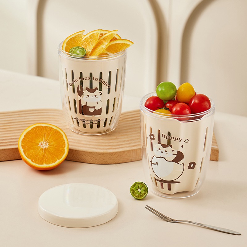 New Fruit Box Household Cute Food-Grade Double-Layer Drain with Lid Student Picnic Travel Portable Storage Cup