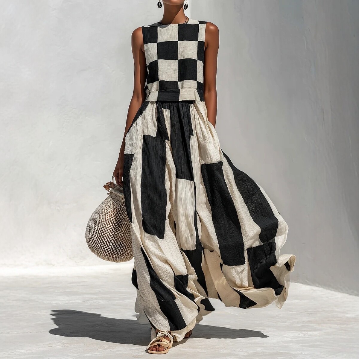 2026 European and American Style Independent Brand Amazon Black and White Plaid Sleeveless Patchwork Long Dress Vacation Style Elegant Dress