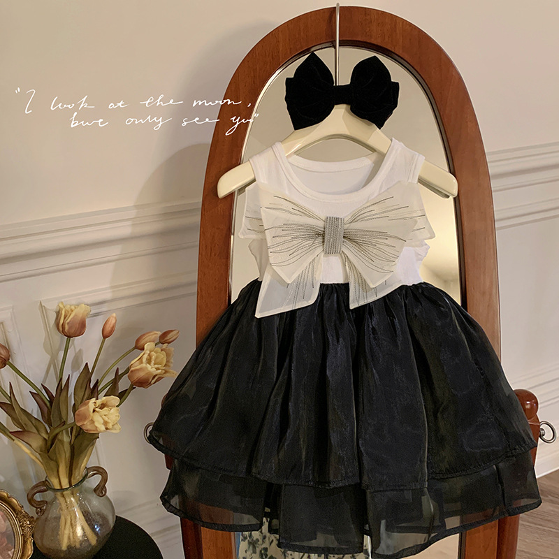Vestido negro elegante y con estilo para niñas, con lazo, estilo princesa, verano 2024, vestido tipo camiseta delgado estilo coreano