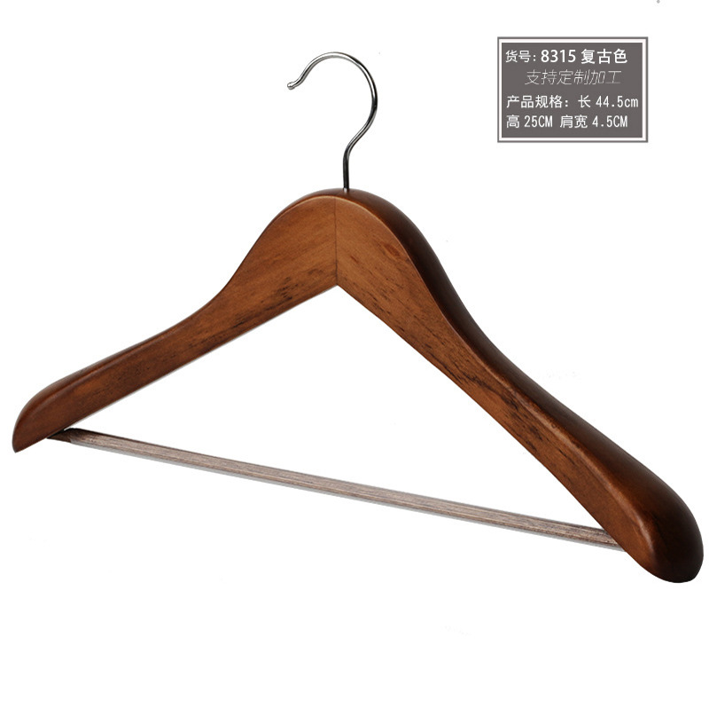 Hotel de cinco estrellas estante de ropa de hombro ancho de madera al por mayor habitación de invitados abrigo de madera maciza colgando antideslizante soporte de ropa engrosada con clip