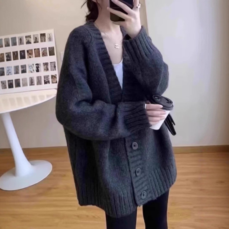 Korean Style Large Sweater Jacket for Women in Autumn and Winter Thickeneded Lazy Style Mid-Length Pure Color Knitted Cardigan Loose Large Size Outer Wear Korean Style Large Sweater Jacket for Women in Autumn and Winter Thickeneded Lazy Style Mid-Length Pure Color Knitted Cardigan Loose Large Size Outer Wear