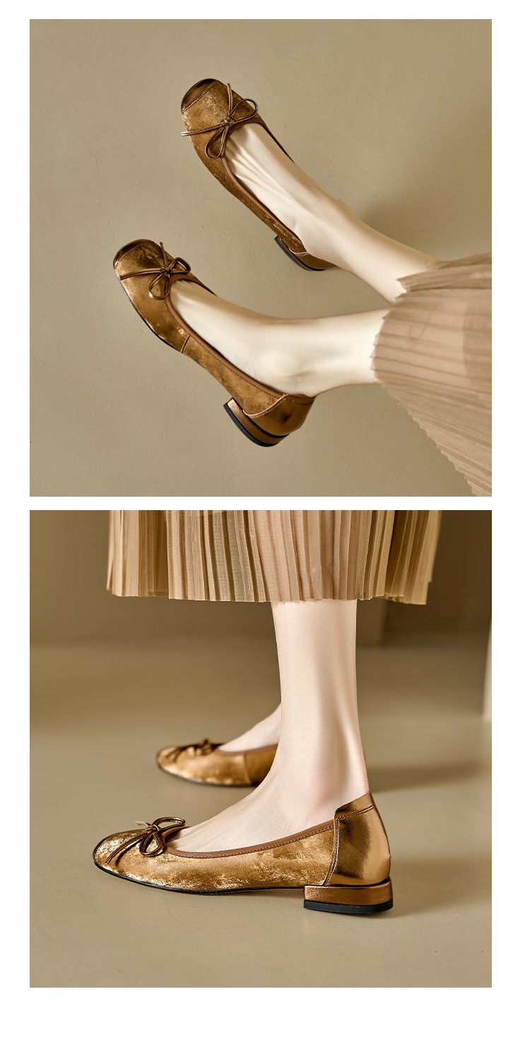 Giày ballet nữ mũi tròn da bò gót thấp nơ phối màu kiểu Trung Quốc mới — Màu nâu chi tiết 19