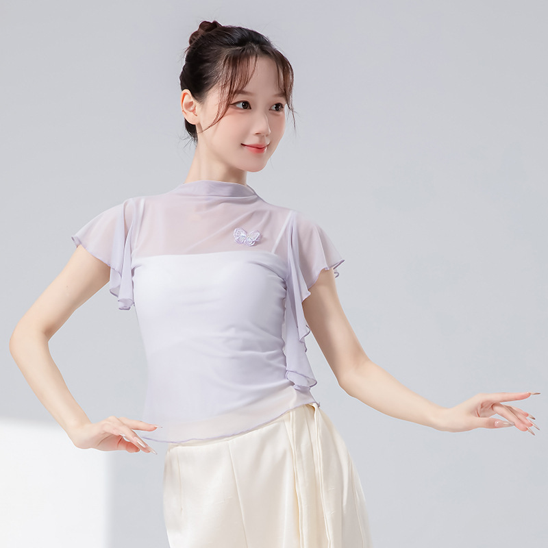 古典的なダンス服女性の夏の新型の小さい飛の袖のネットの紗の成人の古典的なダンスのはらはらしている訓練服の形の服の上着|undefined