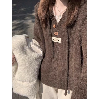 实价#羊驼绒#韩系宽松慵懒风连帽毛衣女秋冬2025新款美拉德针织衫