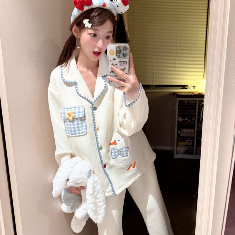 2025新款秋冬新款夹层睡衣女长袖长裤开衫可爱可外穿家居服套装|undefined