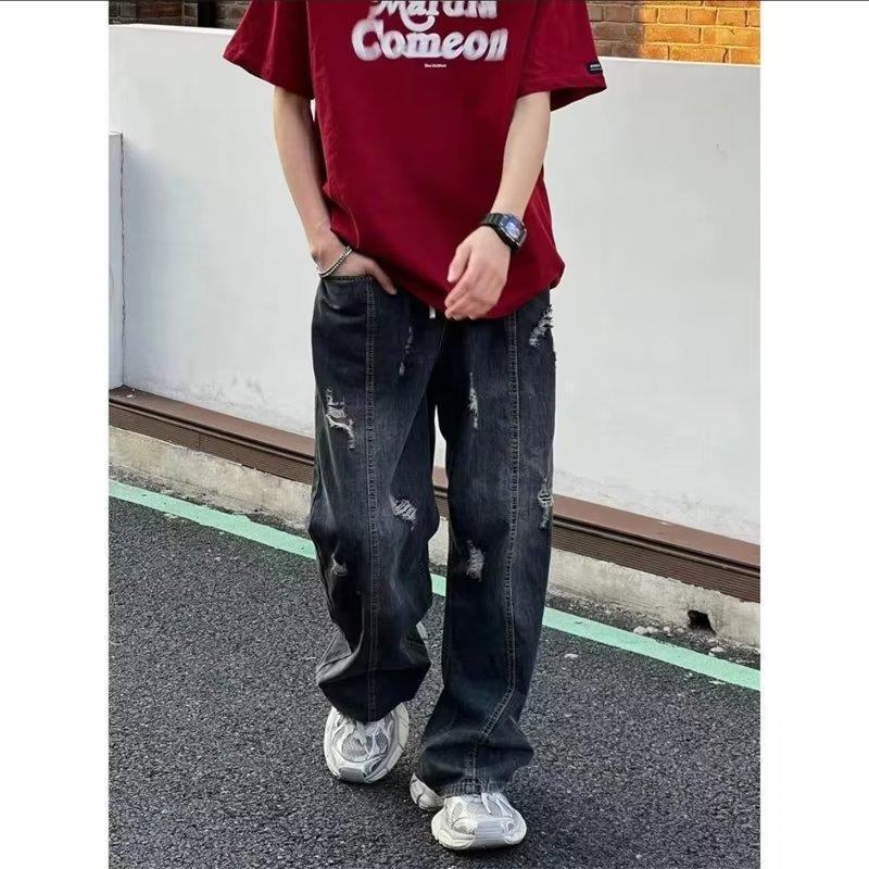 春夏美式复古做旧水洗渐变宽松小众薄款软牛仔直筒破洞百搭牛仔裤