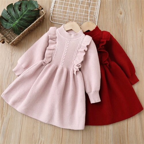 Winter  New Girls' Fleece Dress Sweet Style Dress for Girls with Thickenable Knitted Dress