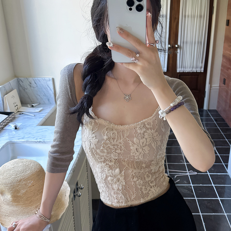 Antique Girl_Beautiful Little Heavy Industry Lace Embroidered Suspender Cross Vest Pure Lust Style Waist Sleeveless Top Summer