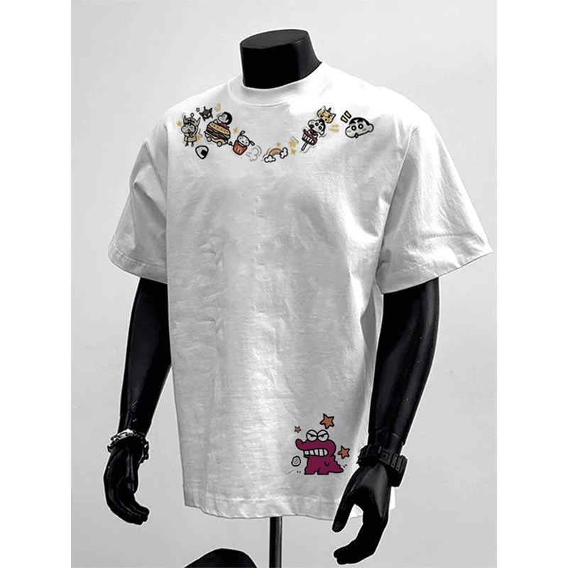 Same melange gray Heavy Graffiti boxy Shoulder Short Sleeve Men's Summer Cartoon Printed Small Collar T-Shirt Half Sleeve
