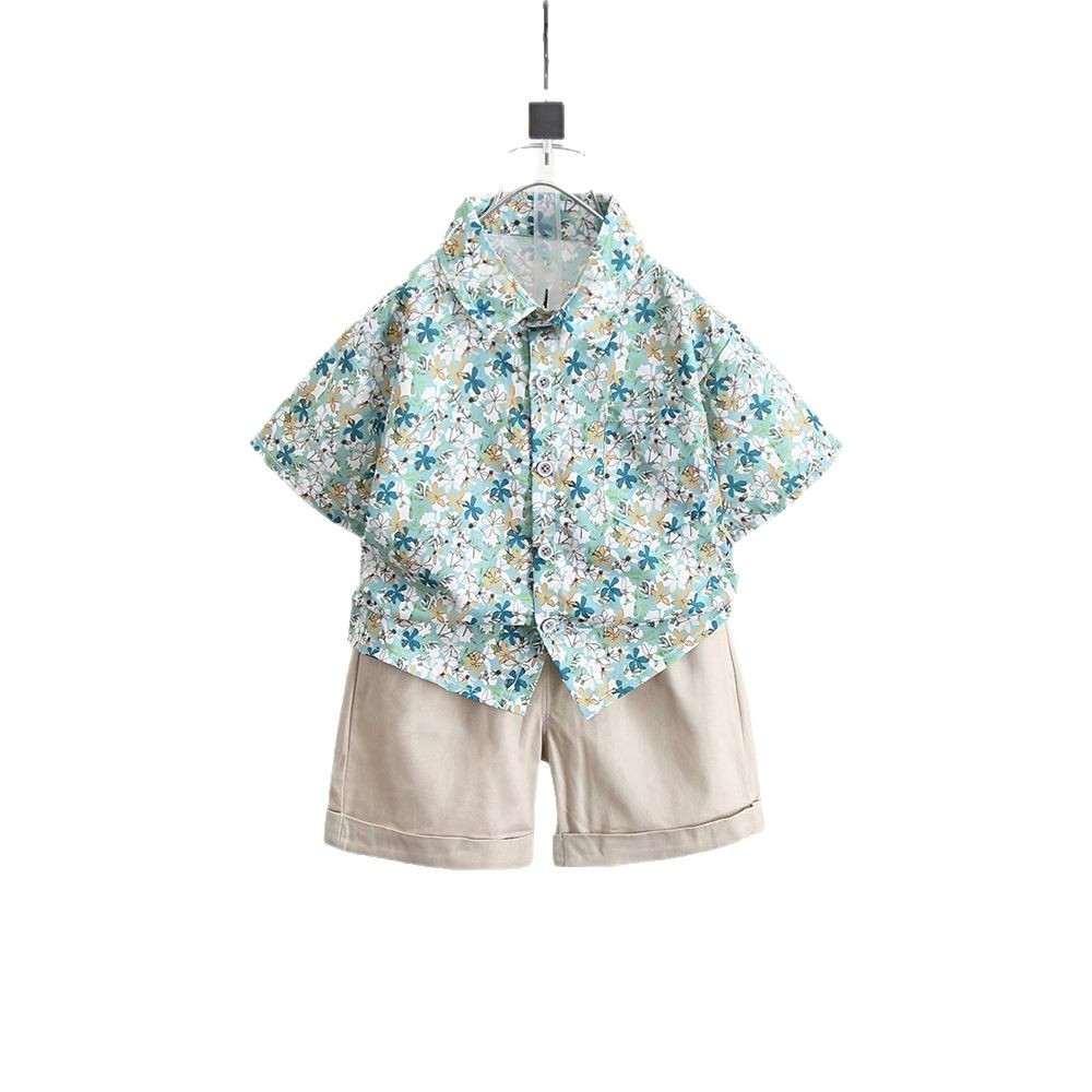 7917 Traje de verano para niños 2025 Nuevo estilo Camisa de playa floral de verano para bebés Traje de dos piezas de manga corta para niños