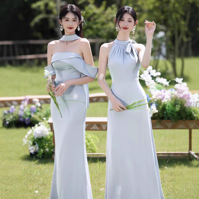 Bridesmaid Dress 2026 New Style Blue Satin Fairy-Like Elegant Fishtail Gown for Best Friends, High-End Niche Design, Suitable for Everyday Wear