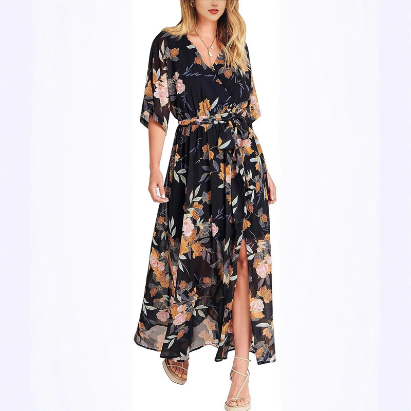European and American Cross-border Bohemian Women's Floral Printed Kimono V-Neck Slit Long dress Sleeves