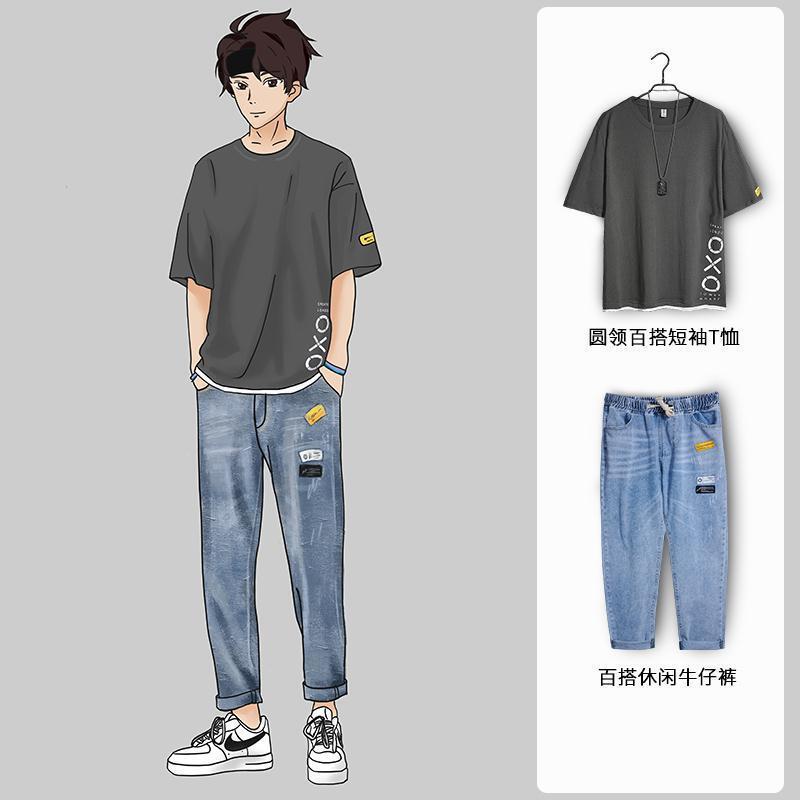 Ice Silk Short-Sleeved T-Shirt Men's Jeans with a Suit 2021 New Summer Simple and Versatile Tops