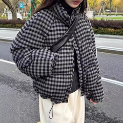 黑色格子羽绒服女立领短款2025冬季新款加厚宽松小个子面包服外套