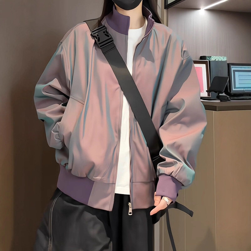 Colorful Stand-Up Collar Satin Jacket for Men and Women, Spring Clothing for Fat Mm, Large Size, Loose, Slimming Look, High-End American Bomber Jacket