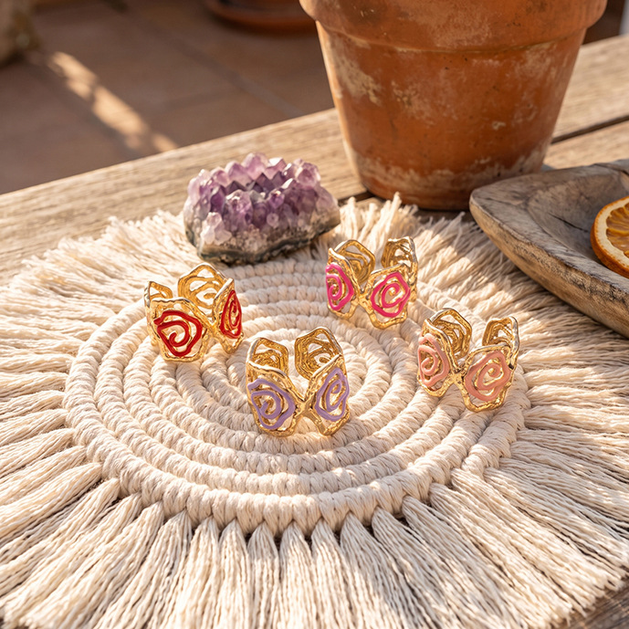 Tina Europa y los Estados Unidos acero inoxidable transfronterizo nicho de diseño esmalte goteo esmalte de moda flores rosas anillo abierto