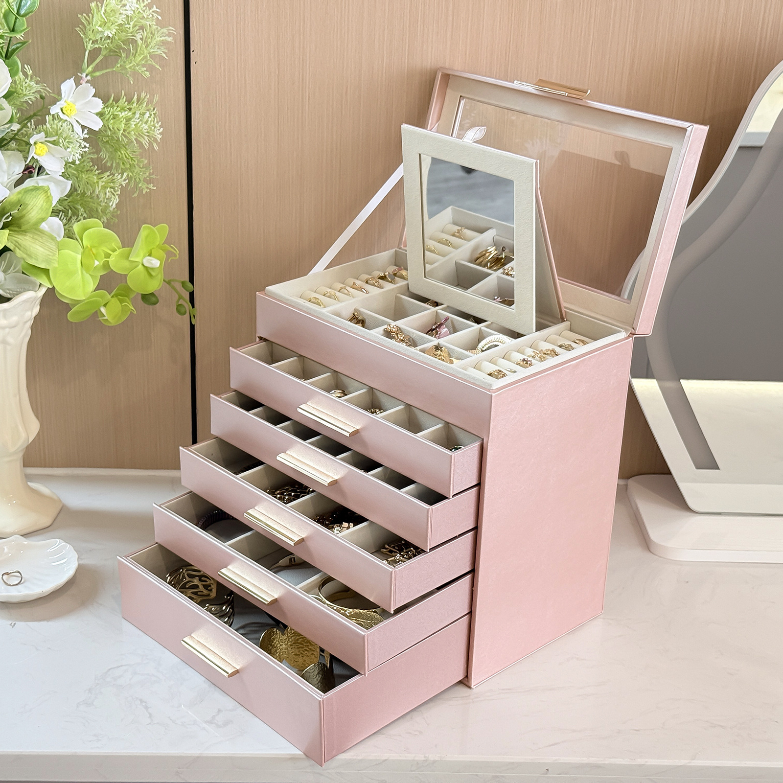 PU皮开天窗翻盖高档收纳盒Tiktok爆款玫瑰粉带镜子大珠宝首饰盒子