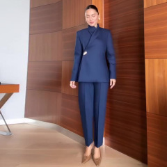 2025秋季新款欧美亚马逊跨境外贸女装时尚立领蓝色直筒裤简约套装