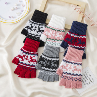 Half finger gloves leaking finger deer Jacquard knitted gloves for students writing homework playing games unisex elastic